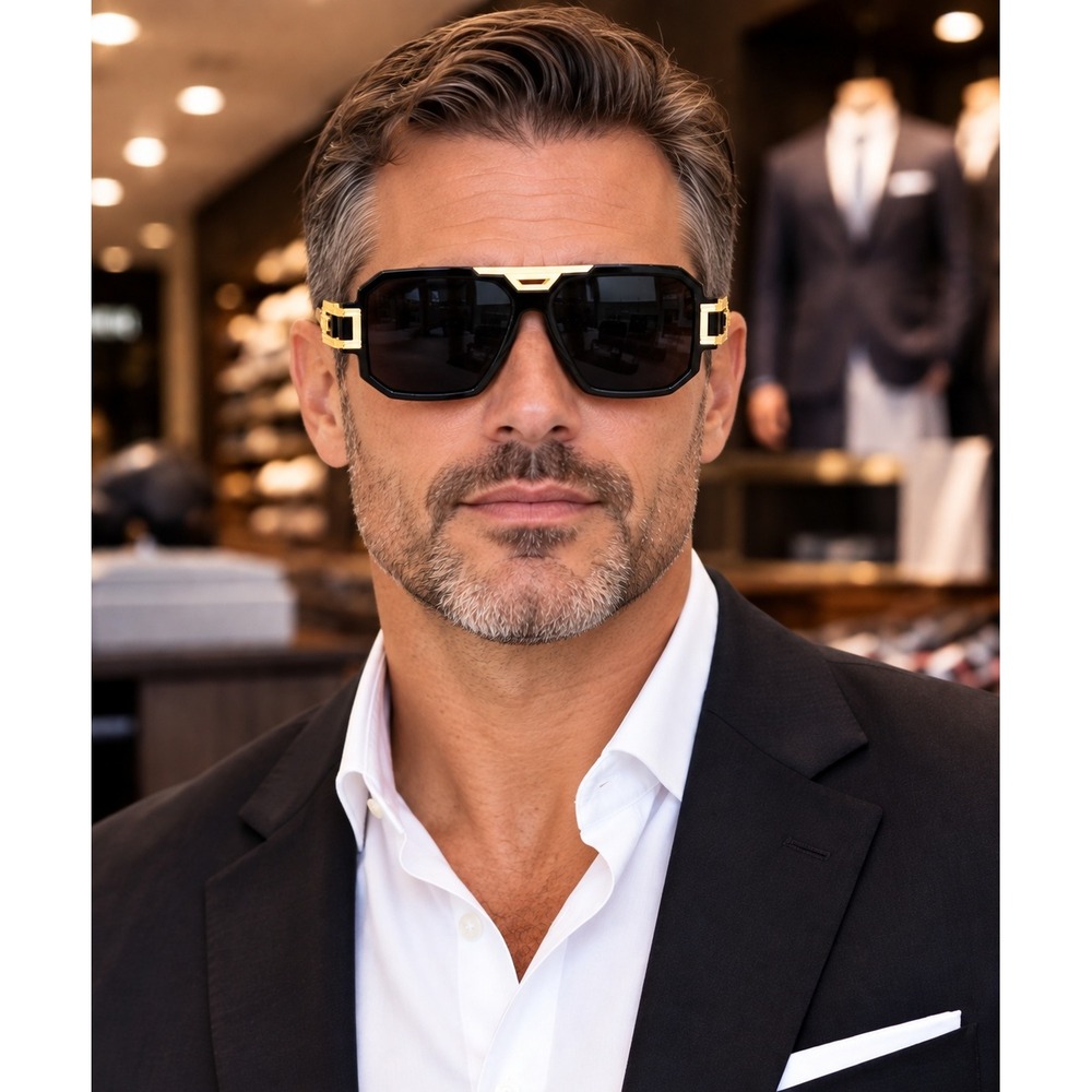 Sunglasses Men Black & Gold Large Vintage Anti-Glare Shades